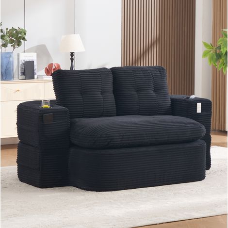 Sofá cama 2 en 1, convertible en chaise longue, respaldo alto, doble portavasos, tejido de pana negro (1/5)