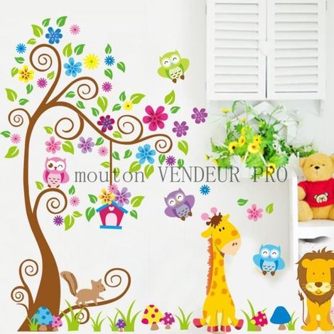 Wandtattoos für Kinder: bunte Bäume und Tiere (Eule, Giraffe, Löwe) (1/3)