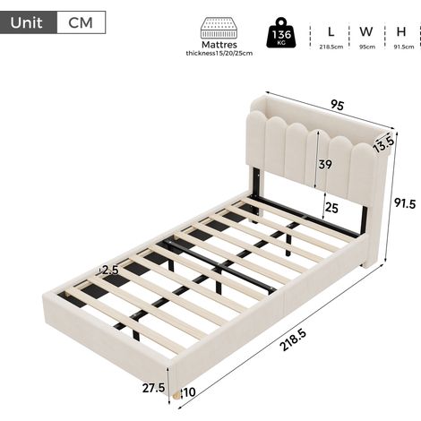 Lit bébé/enfant 90x200cm, sommier intégré, tête de lit rembourrée, station de charge USB & Type-C, lampe de lecture, velours beige, lit simple capitonné (1/5)