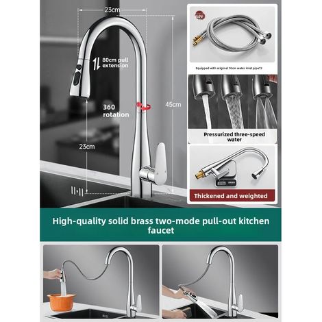 (argent) Installation de robinets de cuisine tout cuivre pour eau chaude et froide, évier extractible universel pivotant et rétractable, bassin spécial pour légumes (1/5)