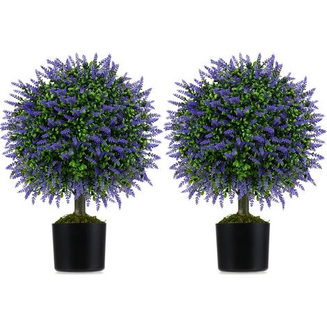 Lot de 2 topiaires boule de lavande violette en PE avec pots lestés de ciment et sans arrosage pour intérieur, terrasse et jardin (1/5)