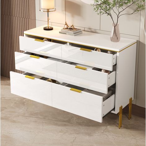 Buffet 120x40x85.5 cm blanc en panneaux de particules avec 6 tiroirs brillants et pieds dorés (1/5)