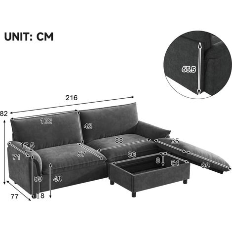 Canapé d'angle modulable Cloud, canapé confortable pour le salon, design moderne avec assise profonde, canapé Cloud surdimensionné, avec 1 repose-pieds amovible, dossier haut, noir, L 216 × H 82 × P 7 (1/4)