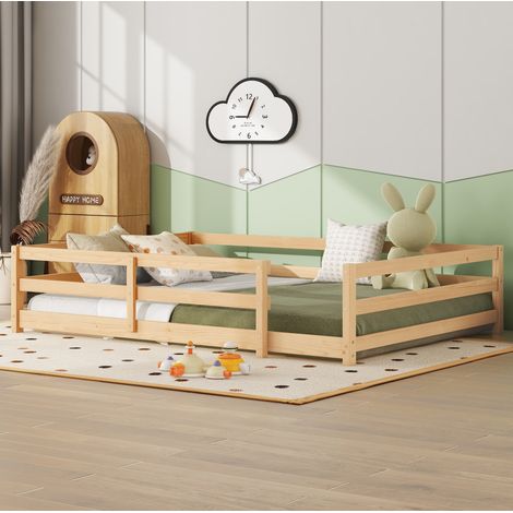 Bett Montessori Kinderbett aus massivem Kiefernholz Natur 140x200 cm mit Lattenrost und 4-seitiger Umrandung