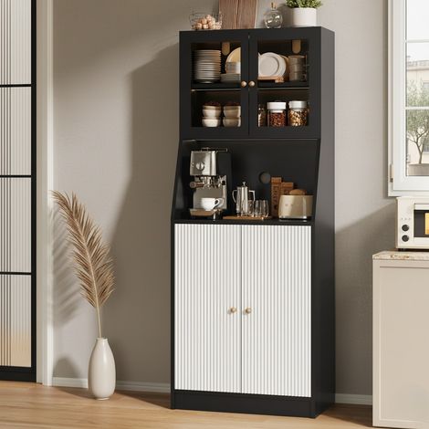 Colonna cucina 180 cm con LED a 3 colori e passacavi, grande capacità, mobile alto in legno e vetro, nero