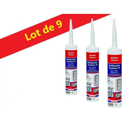 Mastic silicone spécial sanitaire, joint souple et résistant, anti-moisissure, étanche, Intérieur & Extérieur, Made In France - Transparent Sans Odeur - Lot de 9. (1/5)