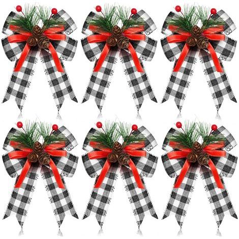 Lot de 6 nœuds de Noël avec pommes de pin, aiguilles de pin, rubans noirs et blancs, décorations de couronne d'arbre de Noël pour les fêtes de Noël (1/5)