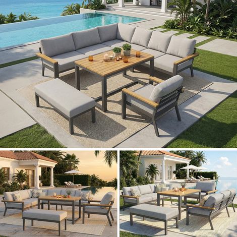 Salon de jardin moderne pour 8 personnes,Comprend Canapé d'angle,Fauteuil,Banc et Table,Résistant aux intempéries,Gris (1/5)