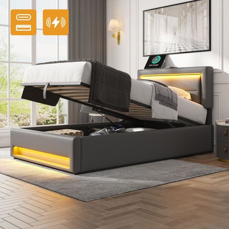 Lit simple 90x190 cm en simili cuir gris avec LED intégrée, port USB et coffre de rangement (1/5)