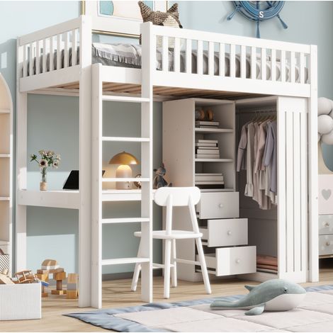 Cama alta infantil 90x200 cm de pino blanco con escritorio, sin colchón – MEUBLIV (1/5)