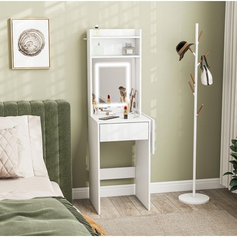 Coiffeuse LED rabattable avec miroir, rangements, MDF et aggloméré, blanc DESVIAE (1/5)