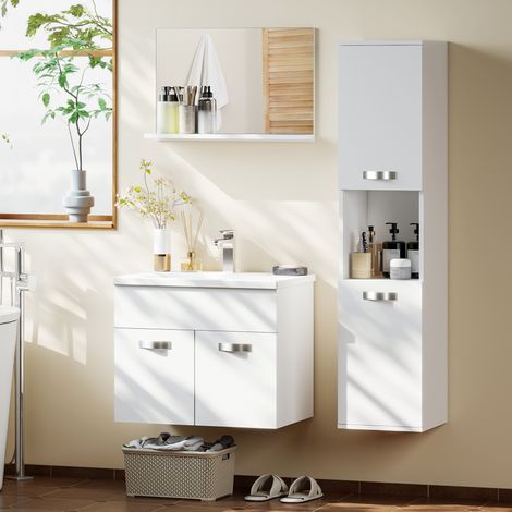 Ensemble de Meubles de Salle de Bain 4 Pièces. Mural. avec Miroir. Meuble sous Vasque. Lavabo et Armoire Haute. Blanc
