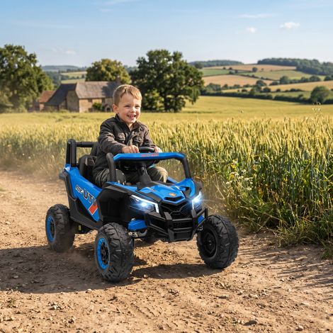 Voiture électrique 12V pour enfants, télécommande, ceinture de sécurité, klaxon, phares LED, port USB, pour les 3-5 ans, bleue (1/5)