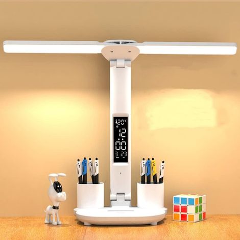 Lampe de bureau LED à double tête avec horloge et écran de température, 3 températures de couleur, lampe de table de 3200 mAh avec porte-stylo, contrôle tactile, pour le bureau à domicile (1/5)