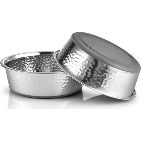 Deux gamelles pour chats en acier inoxydable martelé avec fond en caoutchouc antidérapant, compatibles lave-vaisselle, faciles à nettoyer, fond gris. (1/4)