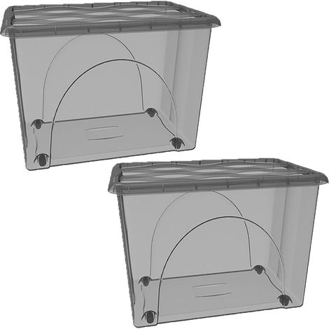 2 bauli STORAGE 80LT Scatole cassa Multiuso Grande cm 60x40x45 Box Portaoggetti Contenitore Organizer Salvaspazio con Coperchio fume 4 Ruote Sovrapponibile organizzazione cesta indumenti Casa Bagno