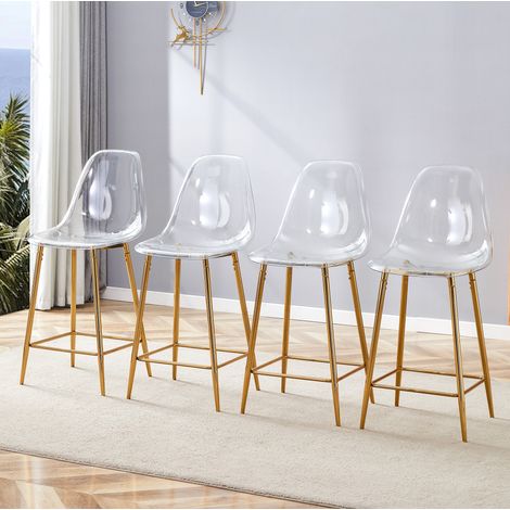 REDOM Taburete de bar transparente, diseño moderno, con reposapiés y estructura de metal, plástico dorado (1/5)