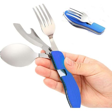 Ensemble de couverts de camping 4 en 1, équipement de camping, acier inoxydable, fourchette, cuillère, ouvre-bouteille, couverts de camping/voyage/survie – pliables et détachables