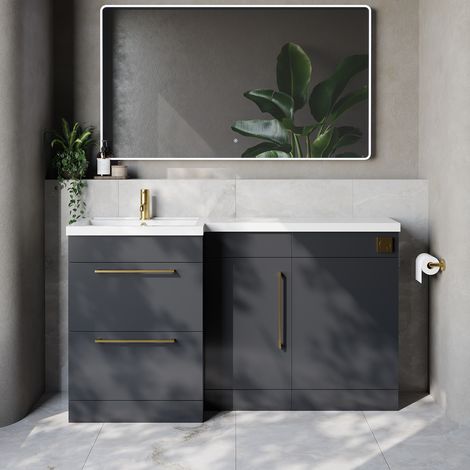 Napoli 390 Gloss Grey 1500mm 2 Drawer Vanity Unit Toilet Suite with Left Hand Square Lucia Basin - 1500mm - Brushed Brass 320mm HandleWithout Kingston Toilet Pan