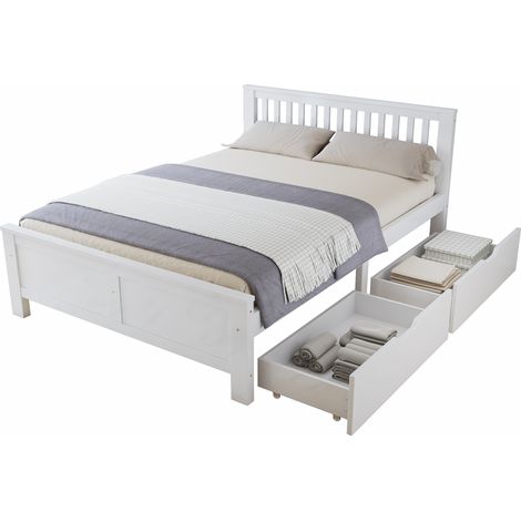 Lit double 140x200 cm avec 2 tiroirs de rangement, cadre en pin, structure bois et MDF, tête de lit à barreaux, blanc, pour chambre adulte et ado- FLORAGRACE (1/5)