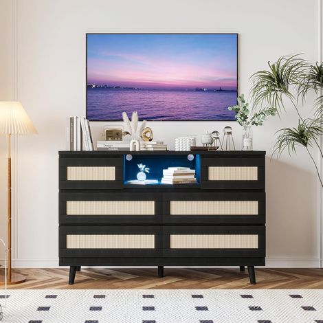 IDEALHOUSE Commode 6 Tiroirs Rotin Noir LED (1/5)