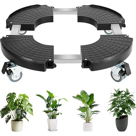 Verstellbarer Pflanzenständer mit Rollen (40–48 cm), Pflanzenhalter mit 360°-Schwenkrollen, maximale Tragkraft 300 kg, runder Blumentopfständer für drinnen und draußen, Schwarz (1/5)