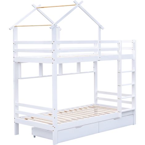 Letto a castello a casetta con cassetti e scaffali 90x200 cm bianco (1/5)