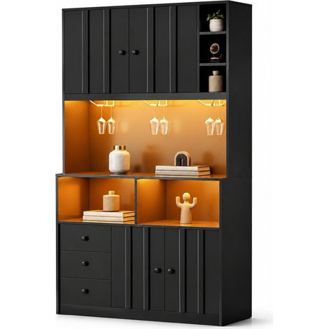 Colonne de Cuisine avec Vitrine, 3 Supports à Verres, Étagère Réglable, LED RGB et Prises, MDF Noir, 100 x 40 x 180 cm (1/5)