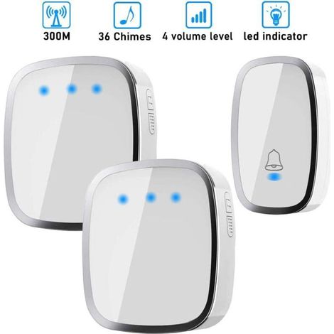 Carillon et sonnette Sonnette sans Fil, Carillon sans Fil Etanche à 300 Mètres de Portée, Kit de Carillon avec LED et 36 Mélodies au 4 Niveau Volume pour Maison, Bureau, Hôtel-1 Emetteur et 2 Récepteu (1/5)