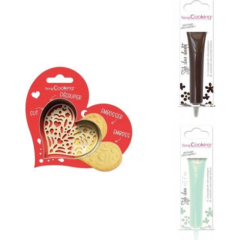 Kit pour biscuit en relief Coeur + 2 Stylos au chocolat marron et vert d'eau (1/3)