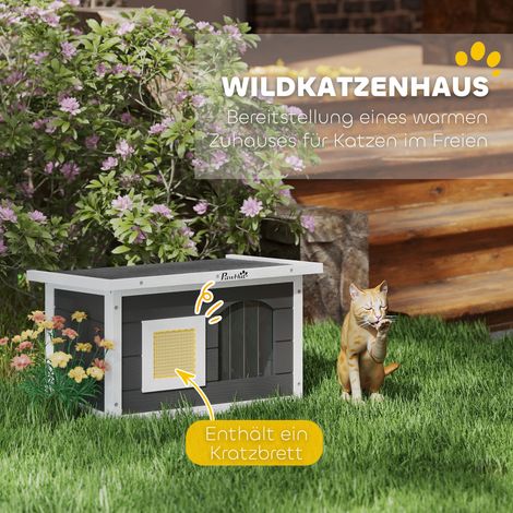 Cabane pour chat et lapin, abri en bois avec griffoir, porte battante, 61 x 45 x 36,5 cm, gris (1/5)
