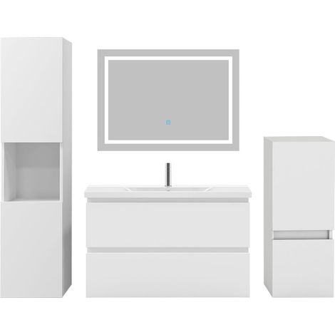 Ensemble meuble de salle de bain 80cm, vasque céramique + colonne x2 + LED miroir, blanc