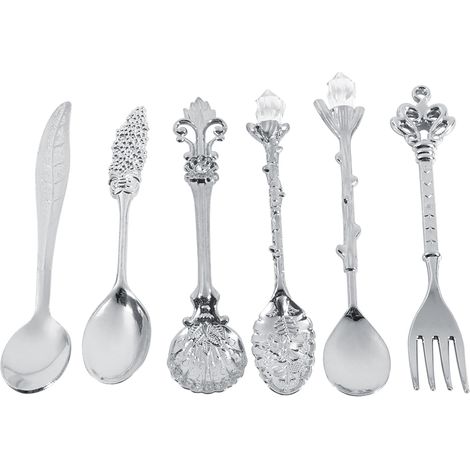 6 pièces Cuillères à Café Miniatures et Fourchette Style Royal Vintage en Métal Argenté pour Dessert