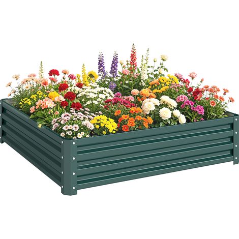 Outsunny Hochbeet, Blumenkasten, Gemüsebeet, Pflanzkasten, Kräuterbeet für Garten, Terrasse, Balkon, Stahl, Dunkelgrün, 120 x 120 x 30 cm