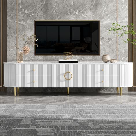 Meuble TV bas 180x40x53 cm, avec portes ondulées 3D, bords arrondis, passe-câbles, poignées aluminium et pieds en fer, MDF, Blanc
