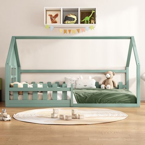 Lit Cabane Enfant 90x200cm - Lit Simple 90x200 en Bois de Pin Massif avec Sommier à Lattes et Toit Maison - Vert (1/5)