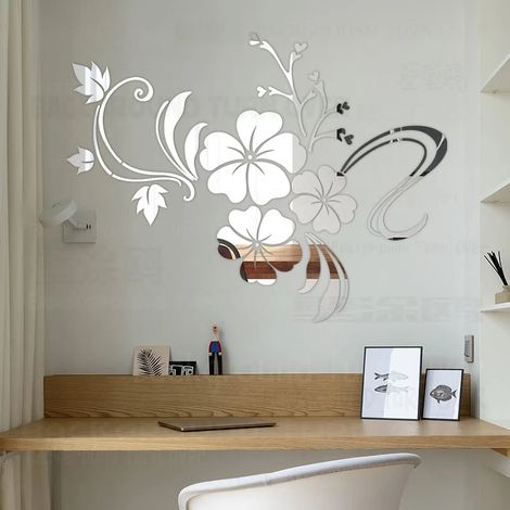 Sticker mural 3D hibiscus fleur argent – Décoration murale intérieure 86x66cm – Acrylique imperméable et résistant – Facile à installer – Devenirriche (1/6)