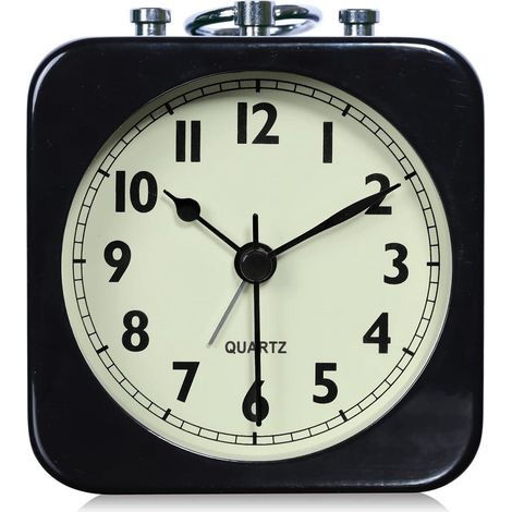Réveil analogique noir 8,5 cm, silencieux, petit métal carré, horloge de voyage pour enfants, chambre, bureau, salon (noir brillant) (1/5)
