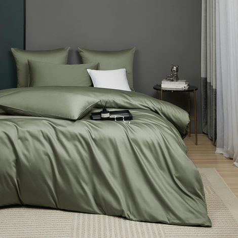 Parure de lit en coton renforcé - 135 x 200 cm - Housse de couette lit simple et taie d'oreiller de 80 x 80 cm - Vert olive uni - Respirant - Infroissable - Pour lit simple (1/5)