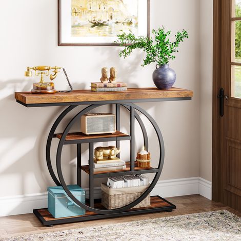 Table console étroite de 105 cm , Rond à quatre couches , étagères de Rangement pour Salon et Couloir (Marron)