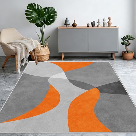 Tapis de salon moderne avec motif géométrique - Design gris/orange - Tapis à poils courts avec surface résistante à l'abrasion - Lavable en machine - Pour salon, salle à manger, cuisine, chambre à (1/4)