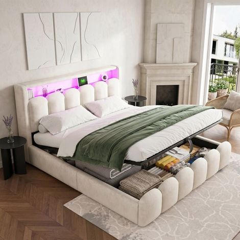 Lit coffre - 180x200 velours beige - Tête de lit avec rangement - Ports USB/Type-C - Éclairage LED connecté (1/5)