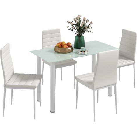 Ensemble de table à manger avec 4 chaises plateau en verre trempé, pieds en acier, pour cuisine salon blanc