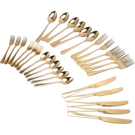 Ensemble de couverts dorés en acier inoxydable 30 pièces, finition miroir, comprenant cuillères, couteaux et fourchettes, idéal pour offrir. (1/5)