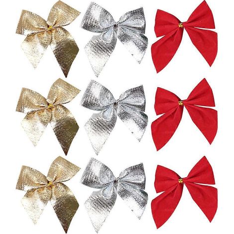 72 nœuds décoratifs de Noël en tissu brillant pour sapin, emballage cadeau et décoration (24 pièces rouges, dorées et argentées).-5.5X5CM