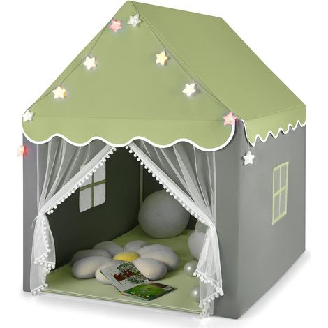 COSTWAY Carpa para Niños con Colchoneta Lavable, Luces con Forma de Estrella, Ventanas, Cremalleras Inferiores, Carpa Castillo de Hadas para Interior y Exterior para Niños y Niñas (Verde) (1/5)