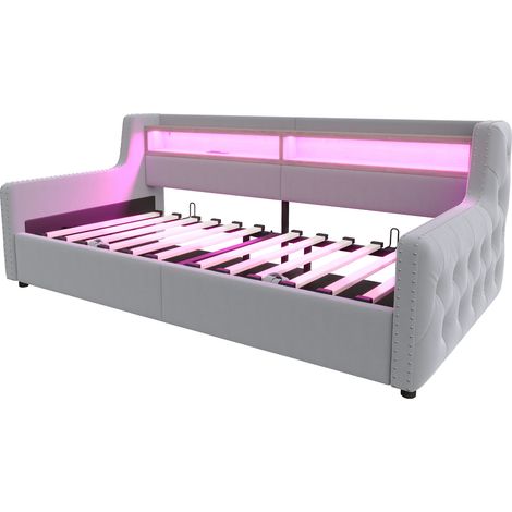 Lit rembourré canapé-lit 90 x 200 cm, avec espace de rangement hydraulique, dossier et accoudoirs moelleux et épais, éclairage LED, étagère de rangement, prise et port de charge, avec sommier à lattes (1/5)