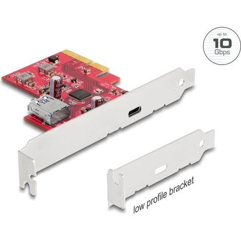 Delock Tarjetas PCI Express x4 a 1 x externo USB 10 Gbps USB Type-Câ¢ hembra + 1 x interno USB 10 Gbps Tipo-A hembra - Factor de forma de perfil bajo