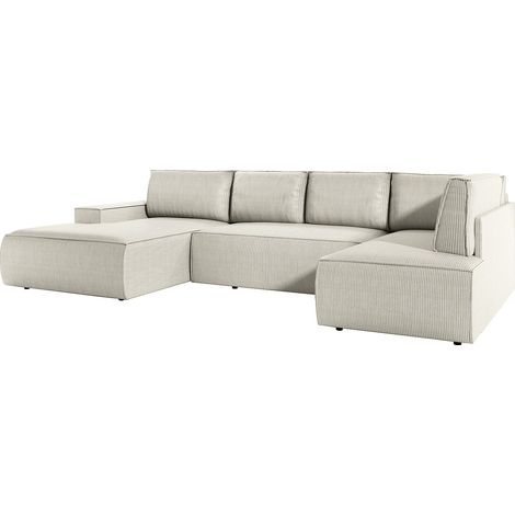 Vente-Unique – Canapé d'angle gauche panoramique convertible 8 places en velours côtelé beige – Coffre de rangement – Mousse haute résilience – 349 cm