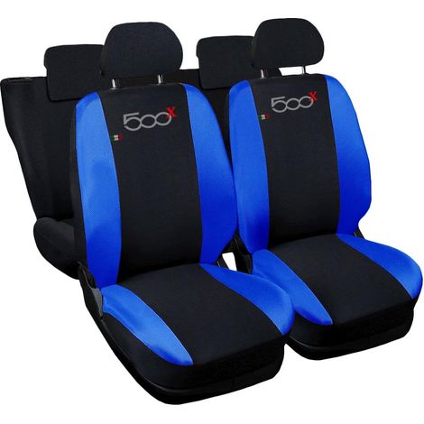 Lupex shop - Coprisedili Auto Compatibili per 500X, Made In Italy, set di copri sedili anteriori e posteriori con copri poggiatesta incluso, tessuto poliestere, Nero - Blu Royal